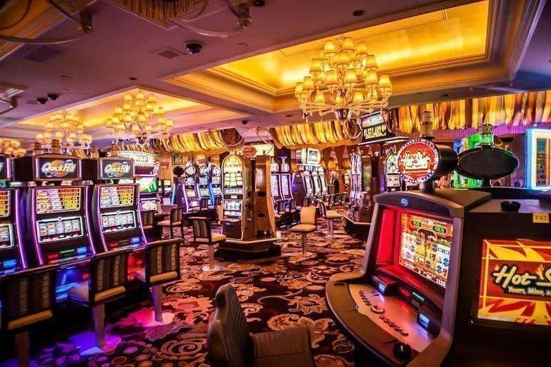Salão de cassino com diversas máquinas caça-níqueis coloridas, cadeiras, lustres e teto ornamentado