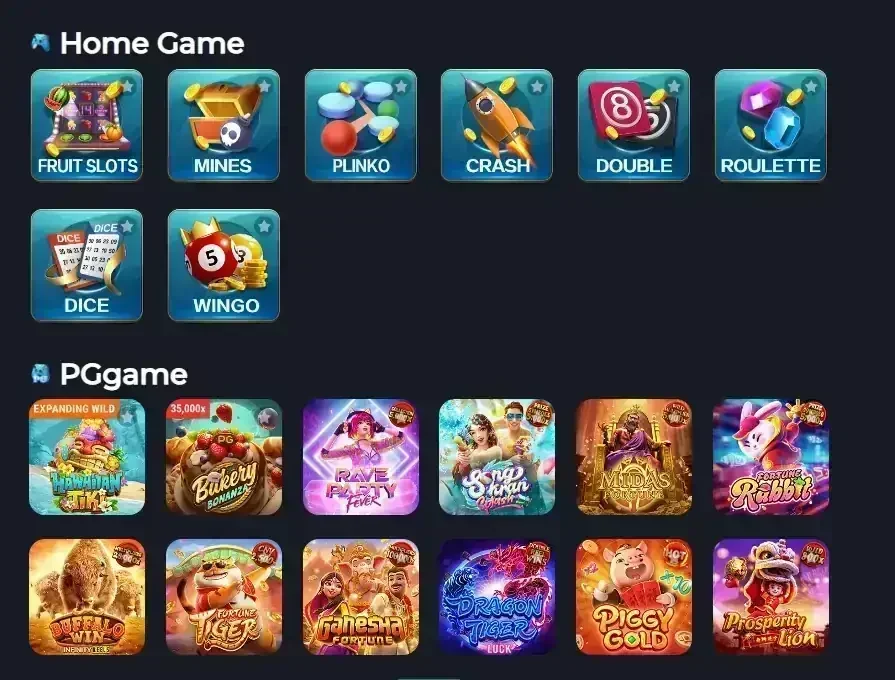 Ícones de jogos de cassino online, incluindo caça-níqueis, minas, plinko, crash, roleta, dados e outros jogos temáticos