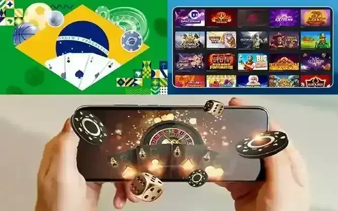 Bandeira do Brasil com cartas e fichas, tela de jogos de cassino e celular com roleta, dados e fichas flutuando