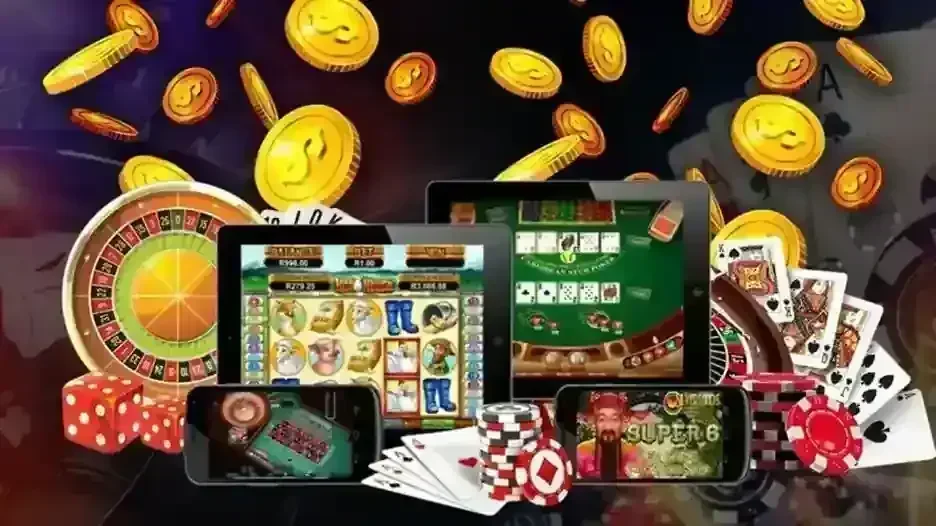 Jogos de cassino em tablets e celulares, com roleta, dados, cartas, fichas e moedas de ouro caindo