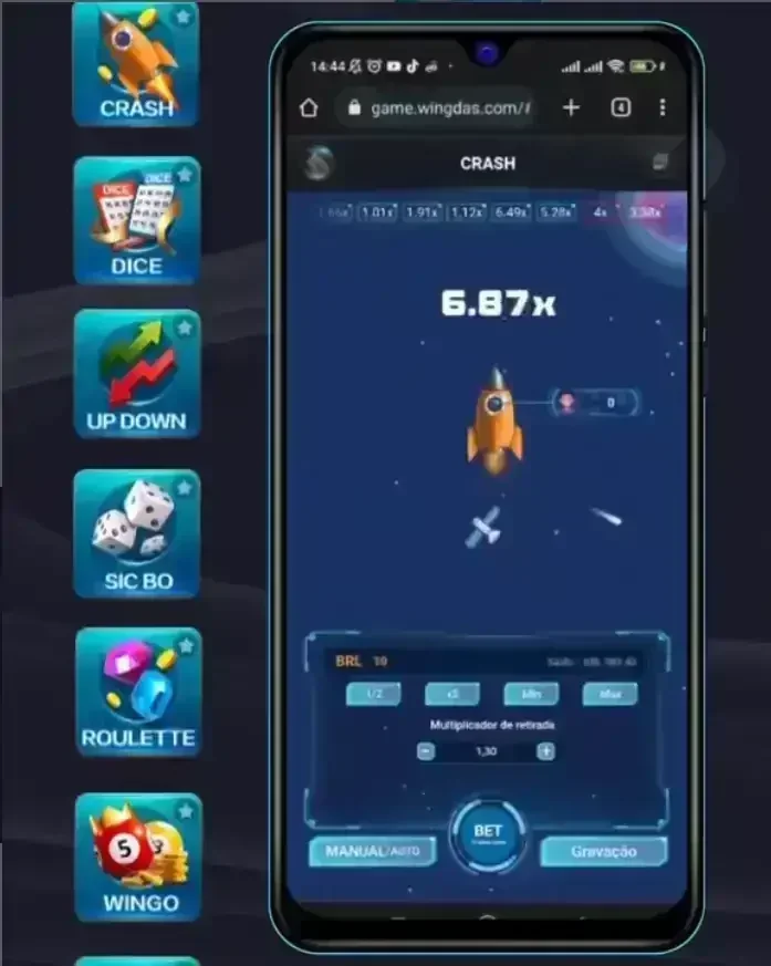 Tela de celular com jogo Crash de foguete e multiplicador 6.87x, interface de apostas e menu lateral com Dice, Sic Bo, Roleta