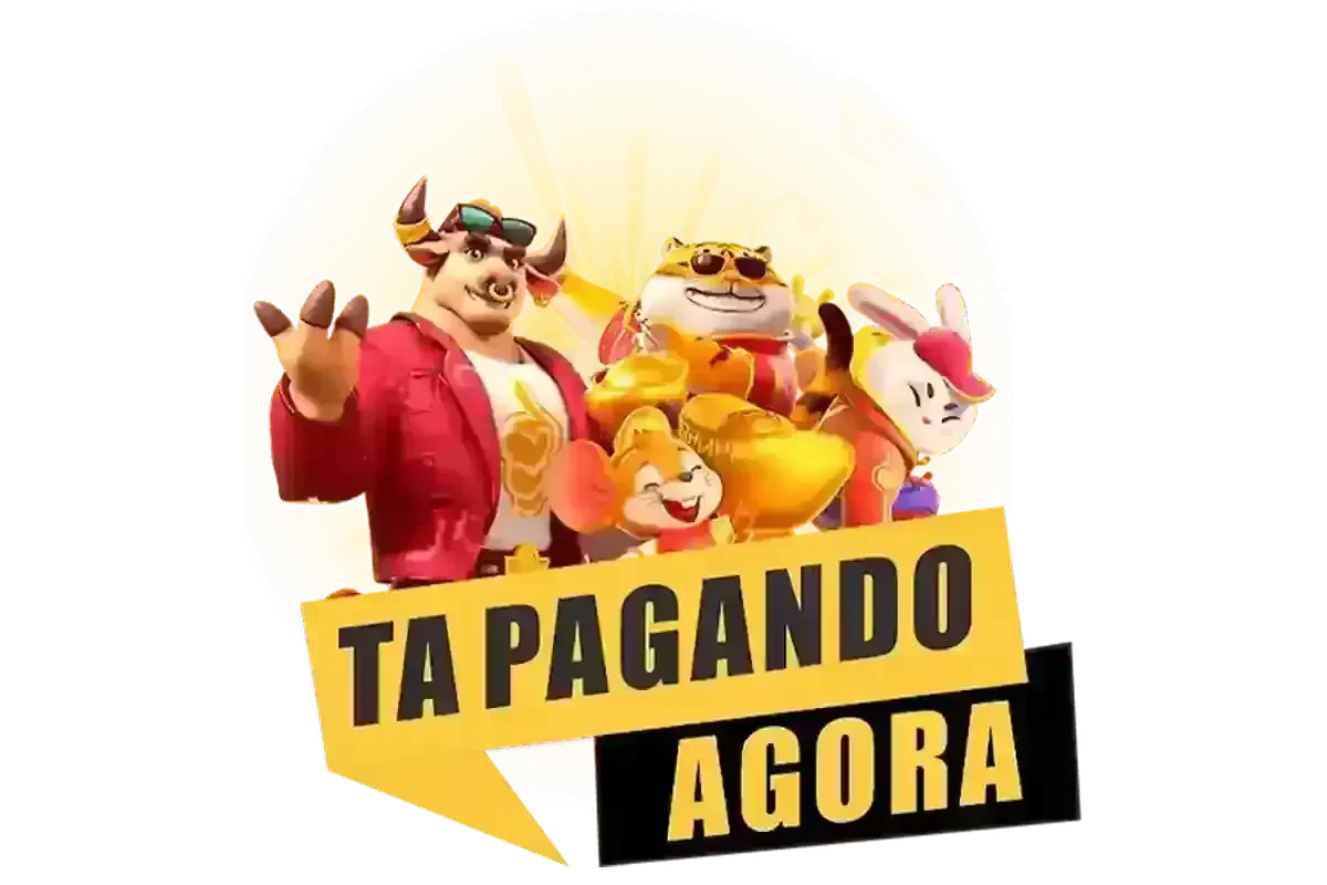 Mascotes de cassino (touro, tigre, rato, coelho) com lingotes de ouro e texto 'TA PAGANDO AGORA' em banner amarelo