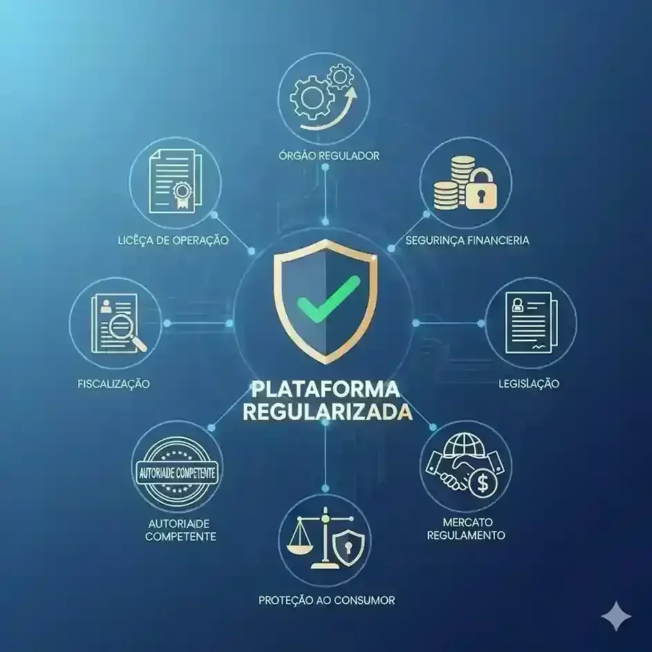 Diagrama de plataforma regularizada com ícones de órgão regulador, licença, fiscalização, autoridade, proteção ao consumidor…