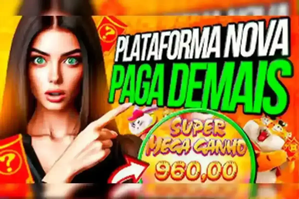 Mulher com olhos verdes aponta para texto 'PLATAFORMA NOVA PAGA DEMAIS' e 'SUPER MEGA GANHO 960,00' com mascotes