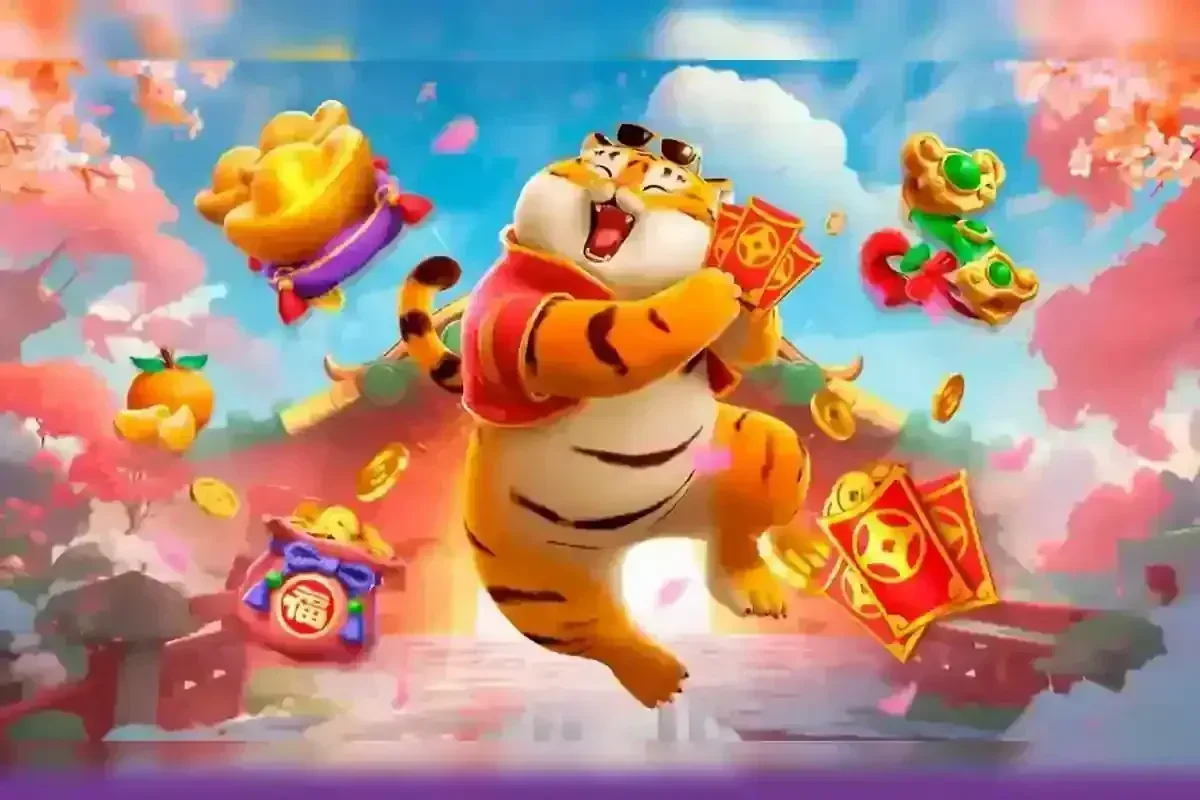 Tigre feliz com óculos, segurando envelopes vermelhos, entre moedas, lingotes de ouro e frutas cítricas