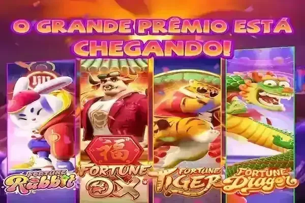Quatro jogos de cassino com personagens coelho, boi, tigre e dragão. Texto: O GRANDE PRÊMIO ESTÁ CHEGANDO!