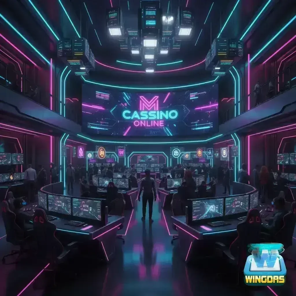 Sala futurista com luzes neon, tela 'M CASSINO ONLINE', pessoas em estações de trabalho com múltiplos monitores